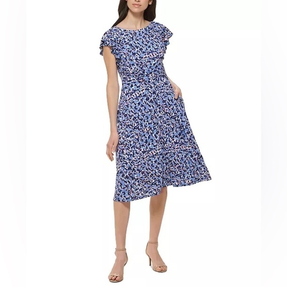 JESSICA HOWARD Women's size 8 Printed Flutter-Sleeve Dress Ruched Waist … - Picture 2 of 11